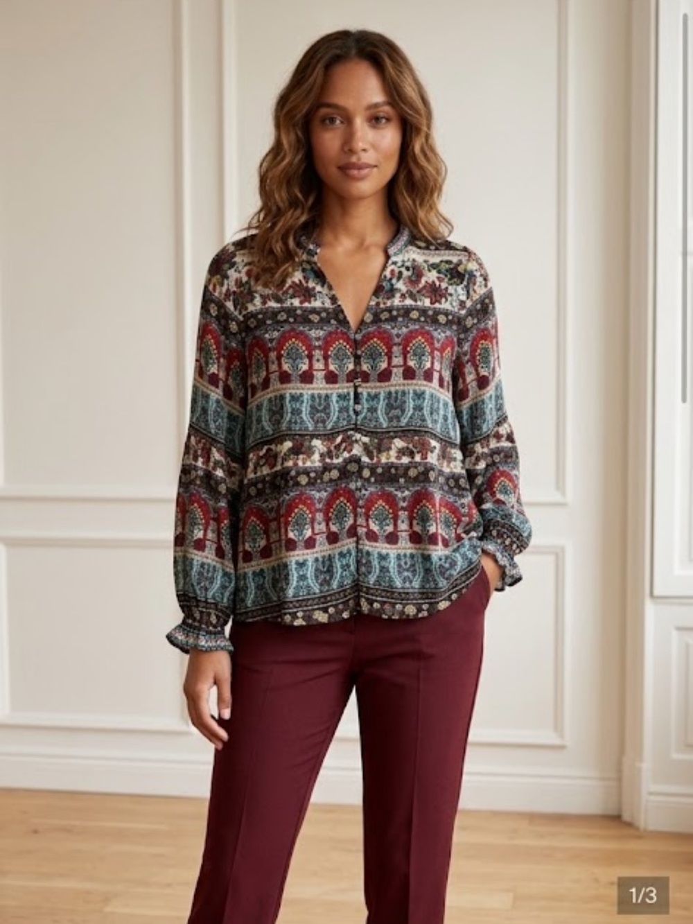 Zara Multicolor Boho Print Long Sleeve Blouse button front ptp 19